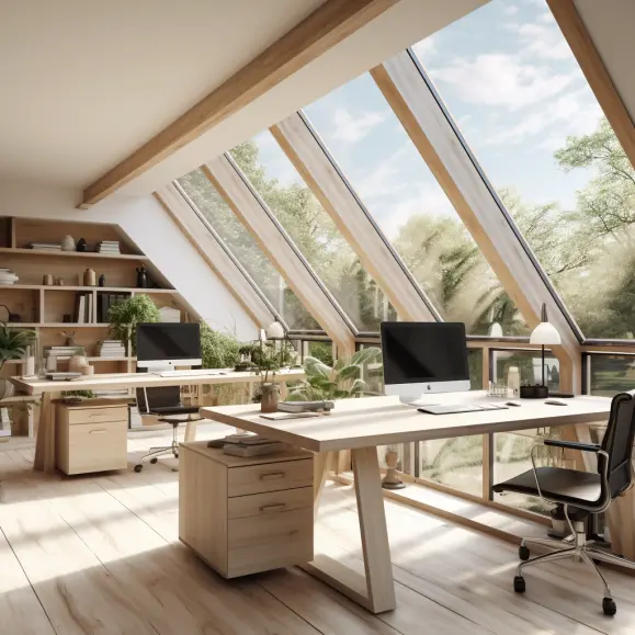 Ein baubiologisch eingerichtetes Büro aus Massivholz, sehr viel Tageslicht und grünen Pflanzen.