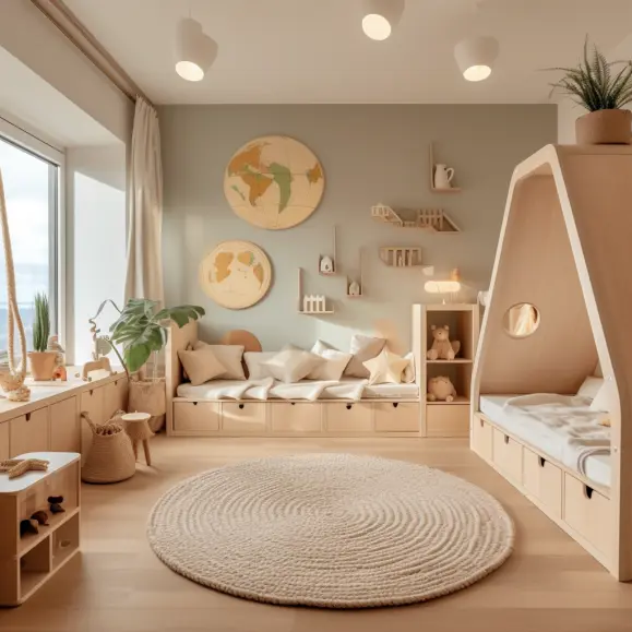 Ein gesundes Kinderzimmer. Es ist mit Massivholzmöbeln eingerichtet und es sind sehr ruhige Farben verwendet. Ein sehr helles Zimmer.